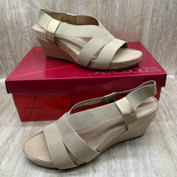 AEROSOLES Shoes - Aerosoles Light Rail 7.5 M Beige Gold Stretch‎ Band Straps Wedge Sandals